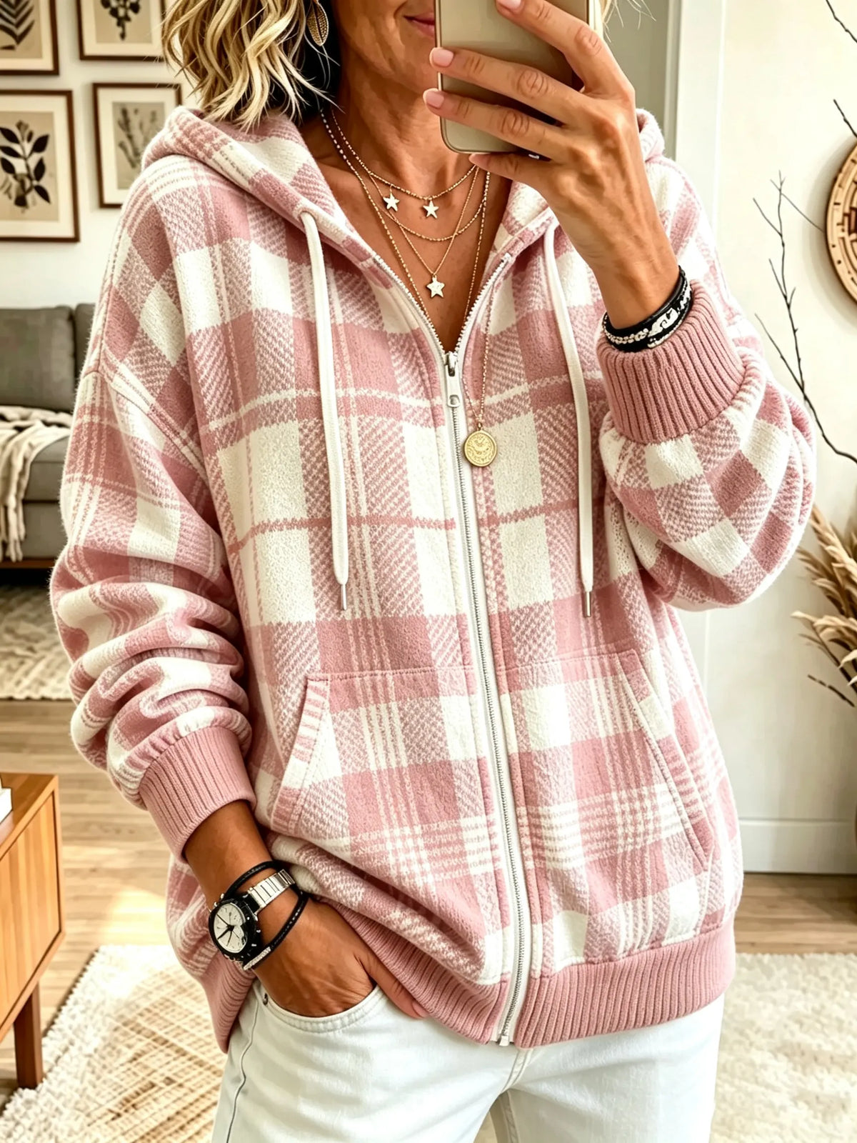 Women's Plaid Knit Full-Zip Hooded Cardigan