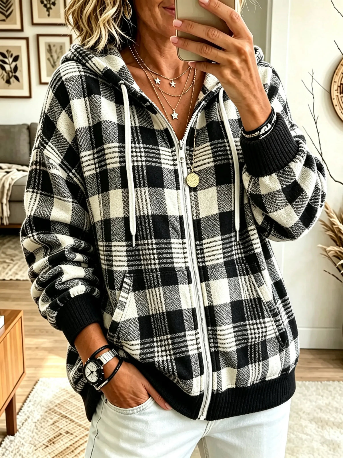 Women's Plaid Knit Full-Zip Hooded Cardigan