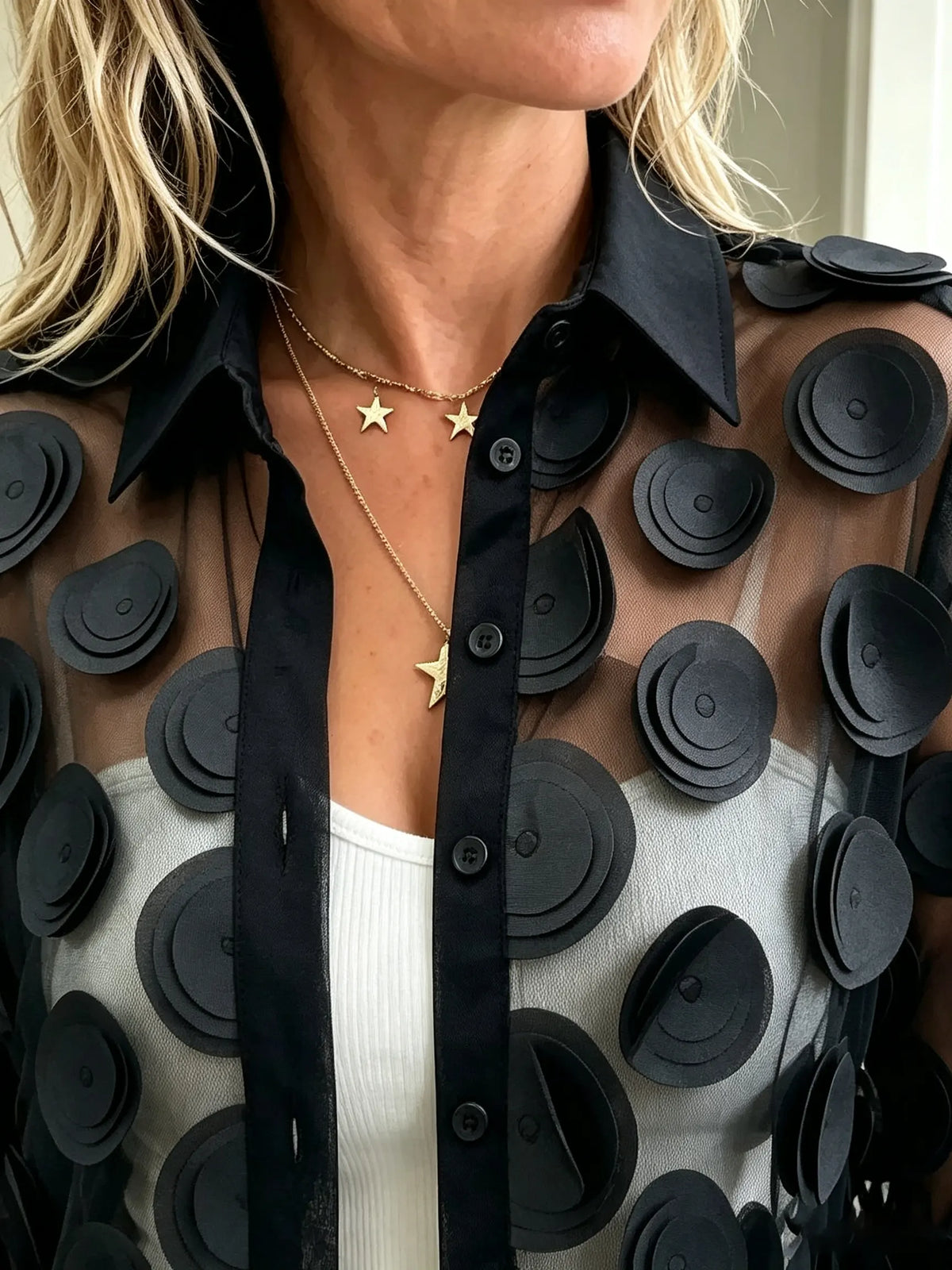 Women's 3D Polka Dot Sheer Button-Down Shirt