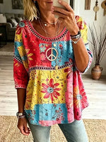 Women's Color Block Daisy Peace Logo Print Hollow Round Neck 3/4 Sleeve Babydoll Blouse