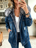 Women's Faux Fur Collar Fleece-Lined Denim Jacket