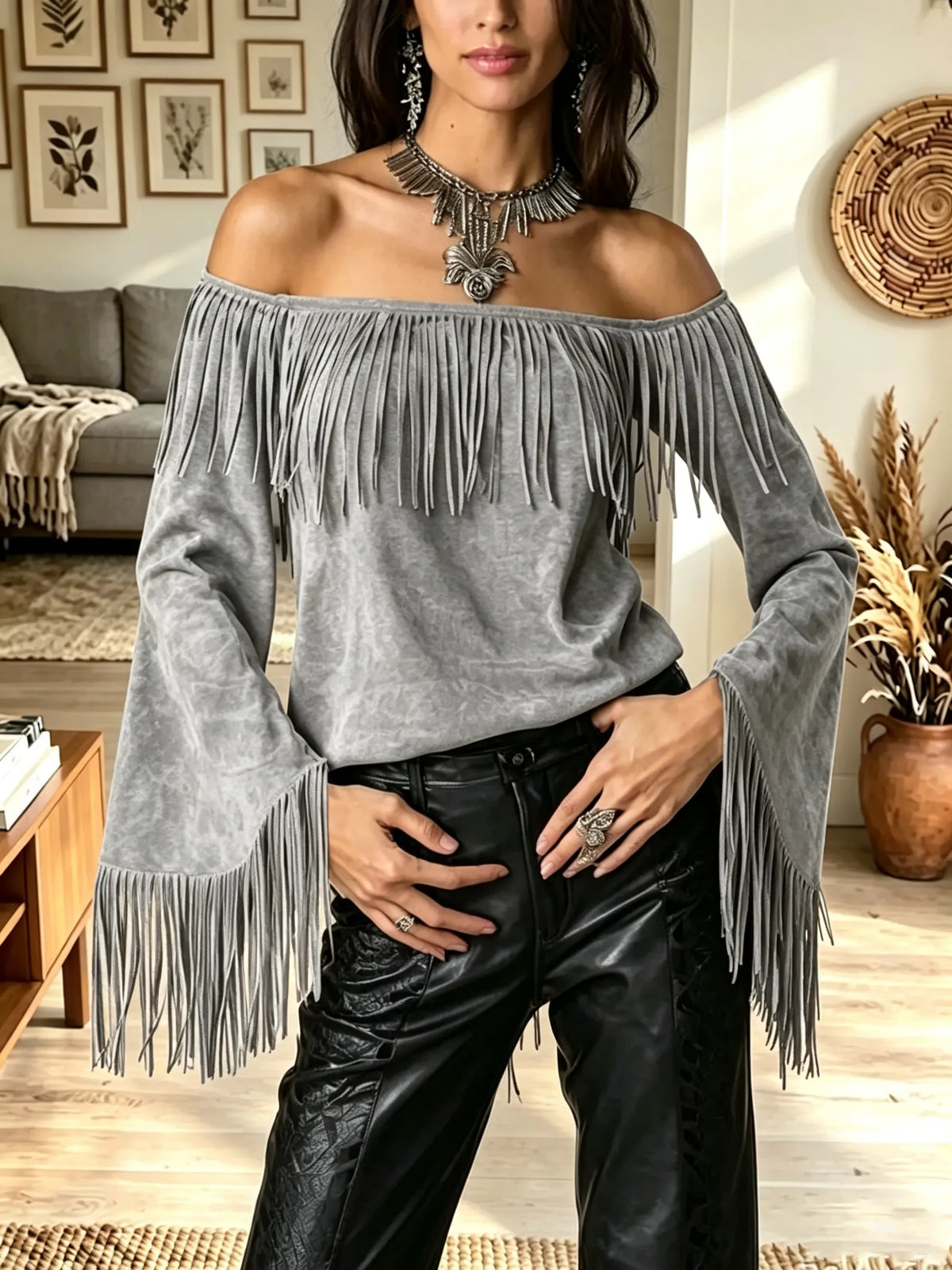 Women's Off-the-Shoulder Fringe Bell Sleeve Suede Top