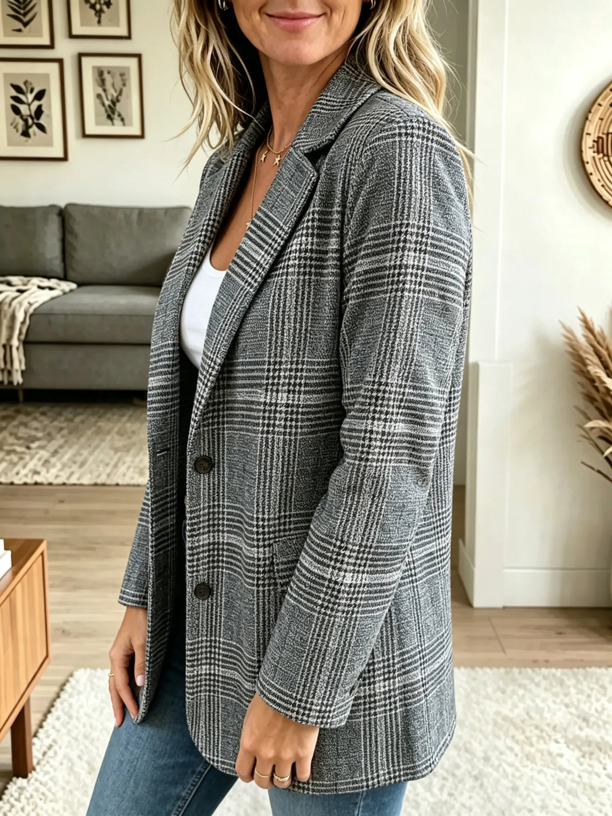 Women's Plaid Single-Breasted Tailored Blazer