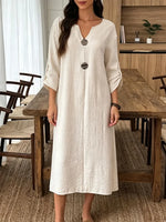 Retro V Collar Solid Color Art Casual Stylish 3/4 Sleeve Cotton Linen Dress