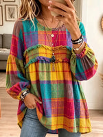 Women's Vintage Elegant Textured Crinkle Ruffle Babydoll Tunic Plaid Blouse