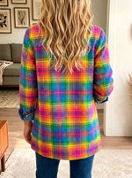 Women Lapel Button Casual Rainbow Plaid Denim Spliced Blazer Jacket Outerwear