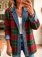 Women Lapel Button‑down Casual Plaid Denim Spliced Blazer Jacket Outerwear