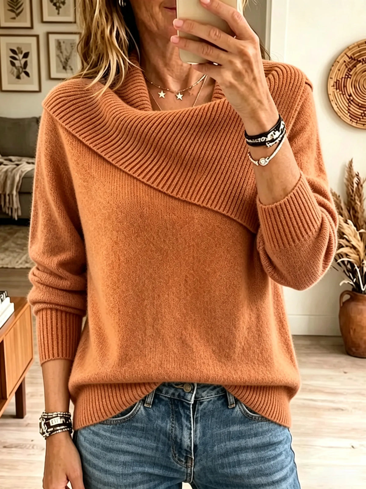 Women's Asymmetrical Draped Cowl Neck Sweater