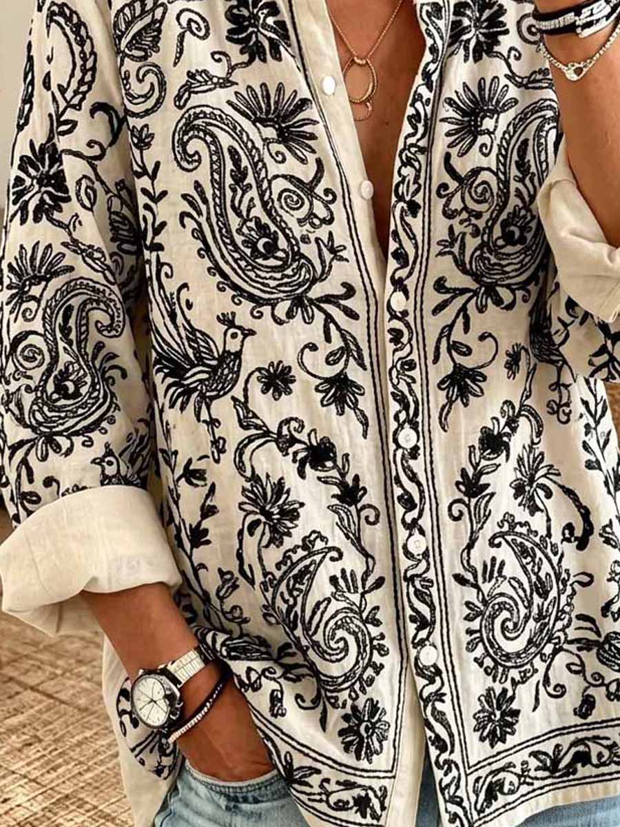 Retro Ethnic Pattern Art Print Casual Long Sleeve Cotton Linen Shirt