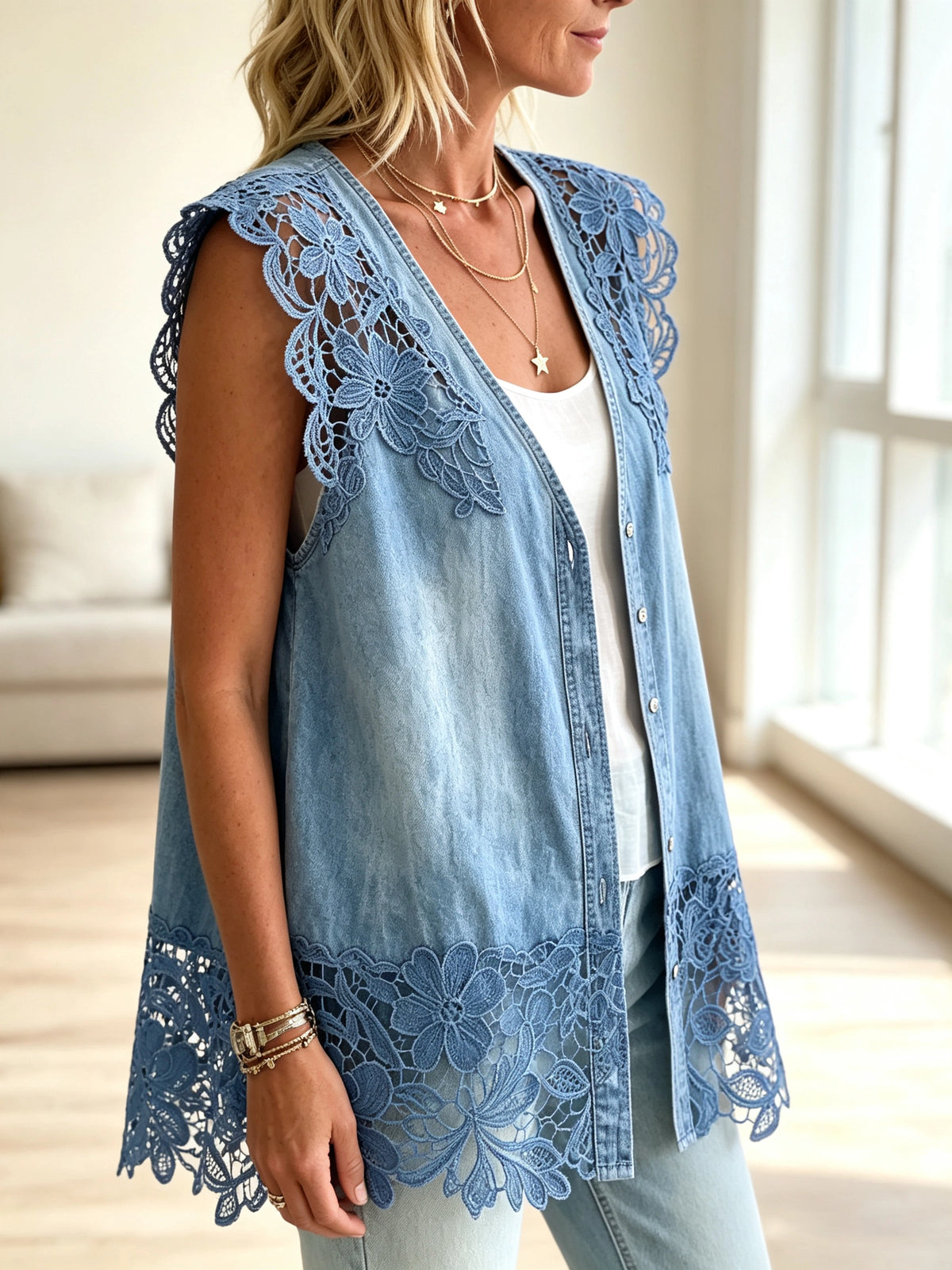 Women's Lace Trim Denim Vest