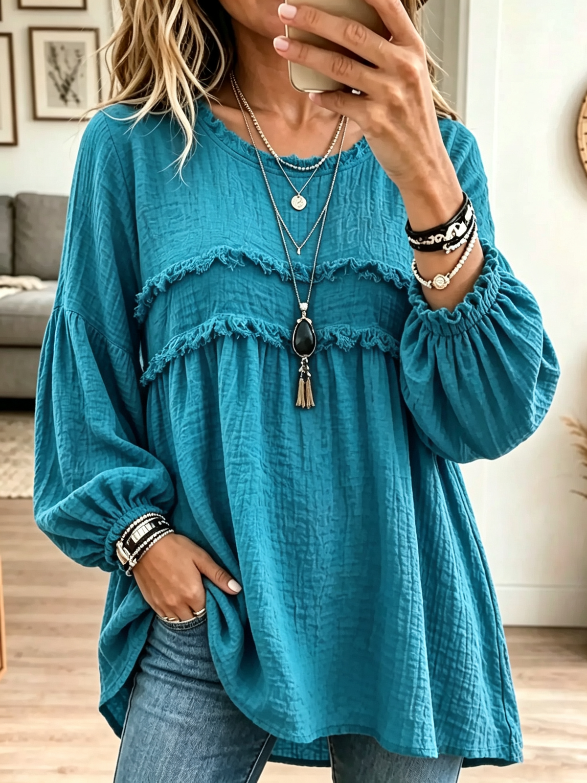 Women's Textured Crinkle Ruffle Babydoll Tunic Blouse