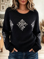 Women's Black Crew Neck Knit Sweater with Silver Sequin Diamond Rhinestone Applique