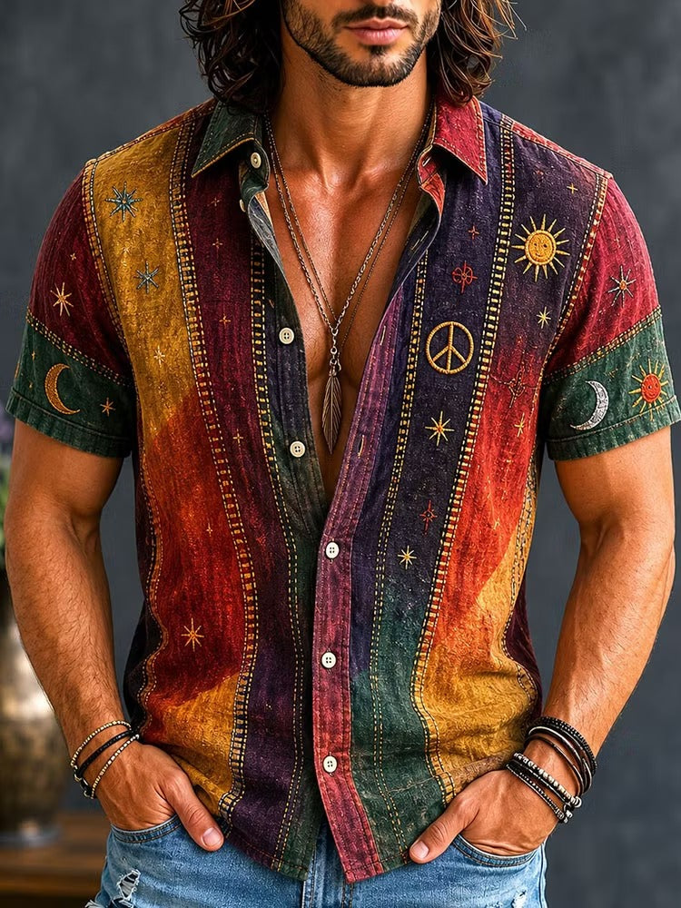 Men's Celestial Stripe Print Button-Up Shirt