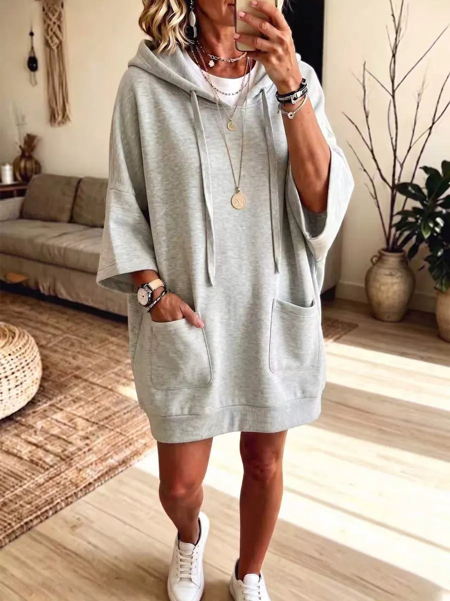 Retro Hooded Art Casual Stylish 3/4 Sleeve Short Sweatshirt Dress