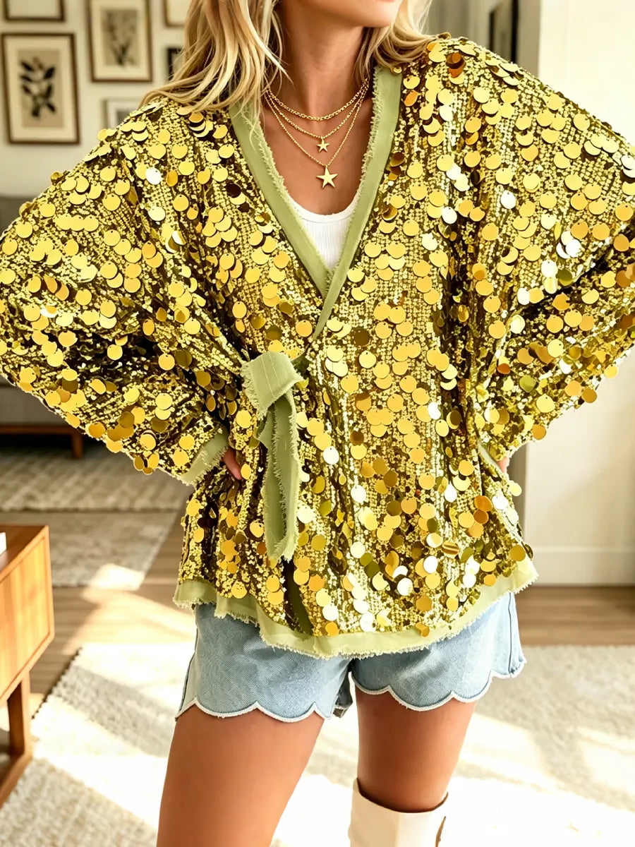 Women's Fashionable Casual Sequin Tie-Up Coat