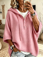 Women's Oversized Half Button Hooded Knit Top, 3/4 Sleeve Loose Casual Sweater