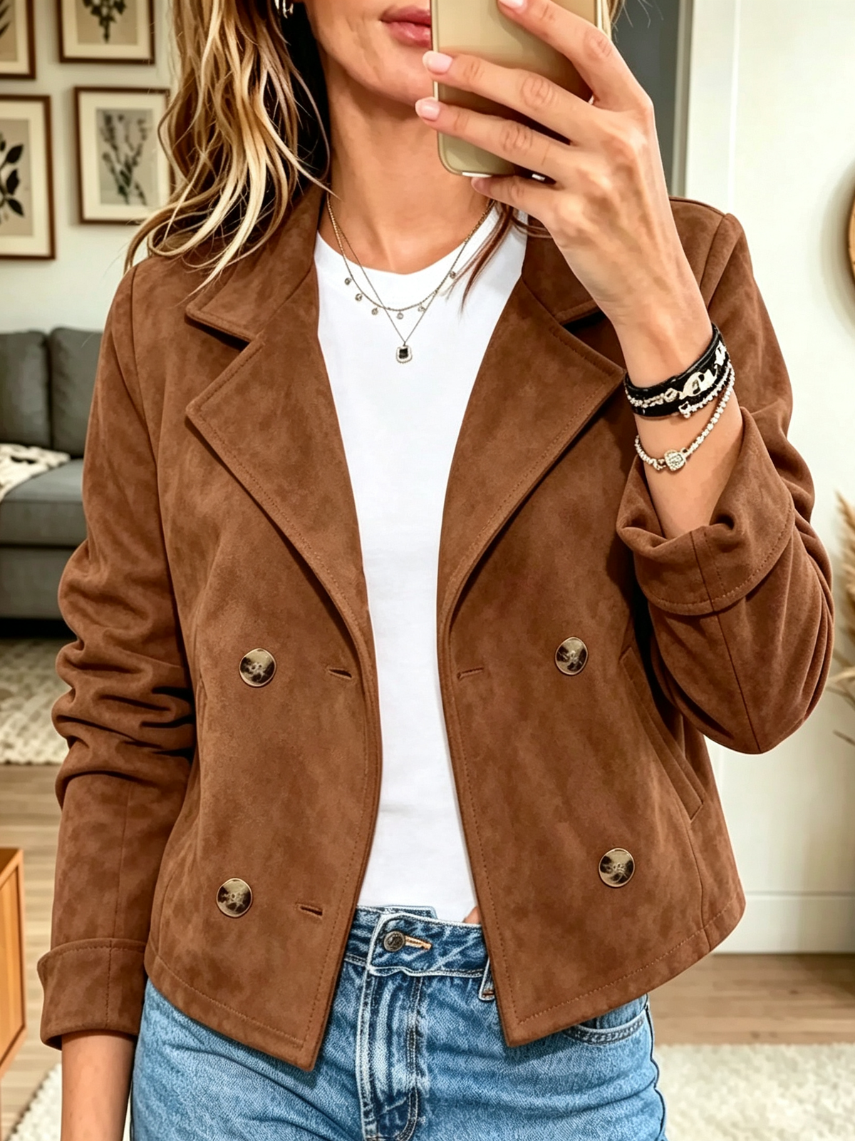 Women's Double-Breasted Suede Cropped Jacket