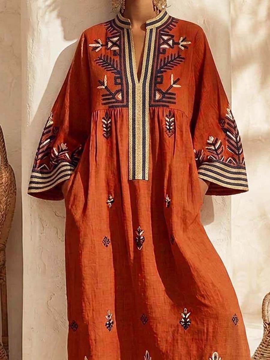 Retro Ethnic Pattern Art Print Casual Stand Collar Cotton Linen Maxi Dress