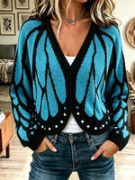 Retro Butterfly Pattern Art Casual Stylish Long Sleeve Knitted Cardigan Sweater