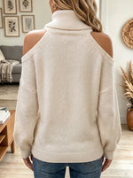Women's Cold Shoulder Turtleneck Ribbed Knit Loose Long Sleeve Pullover Sweater