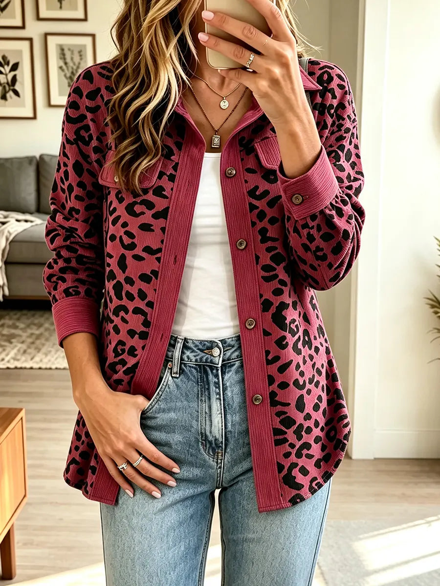 Women’s Collared Long-sleeve Leopard Print Corduroy Shirt Jacket