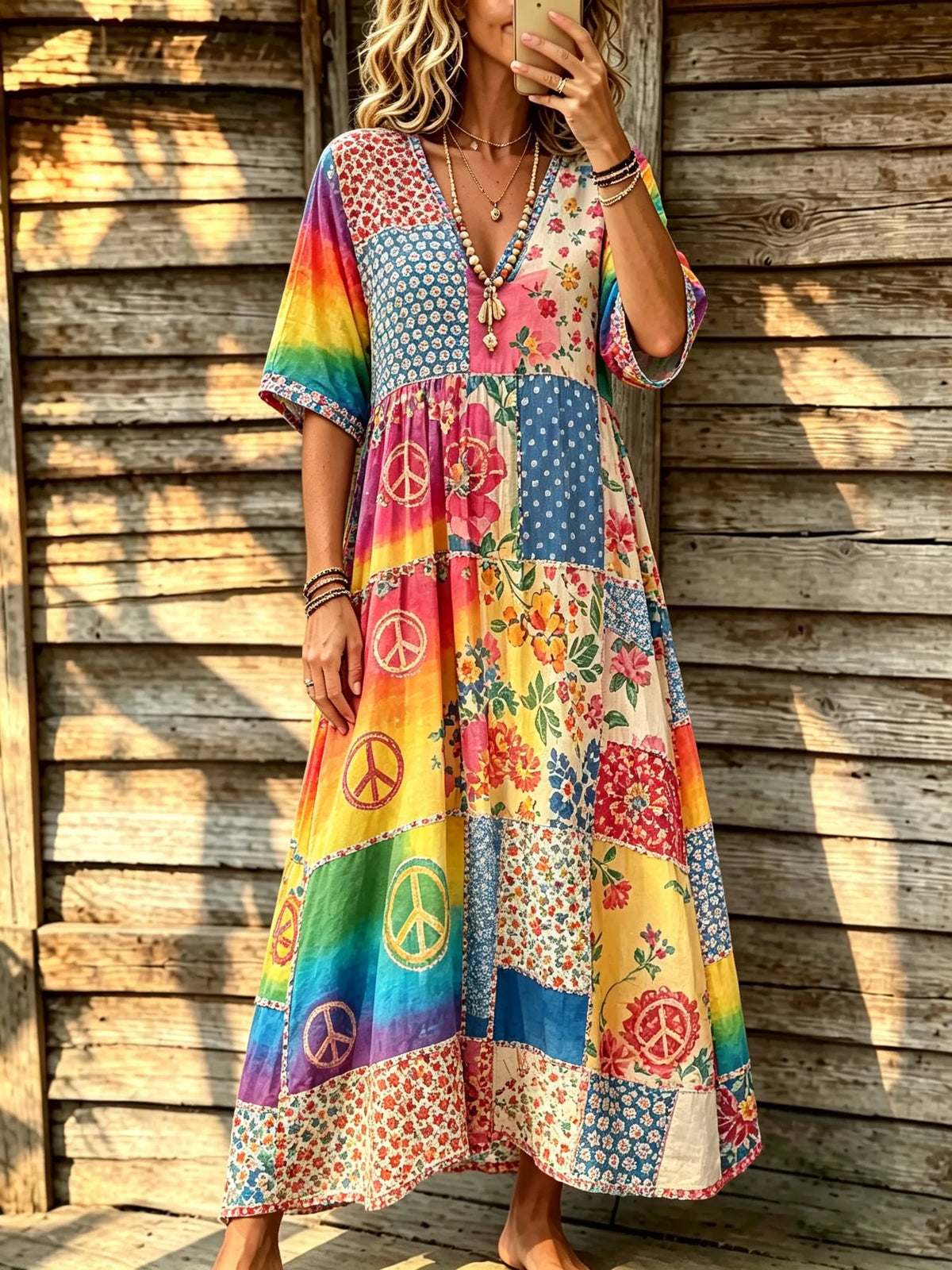 Women's Patchwork Peace Symbol Print V-Neck Flowy Maxi Dress