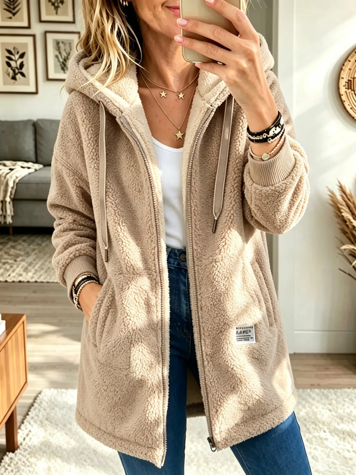 Women's Plush Sherpa Hooded Zip-Up Coat