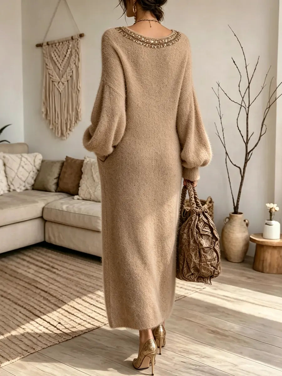 Women's Bohemian V-neck Lantern Sleeve Loose Sweater Maxi Dress
