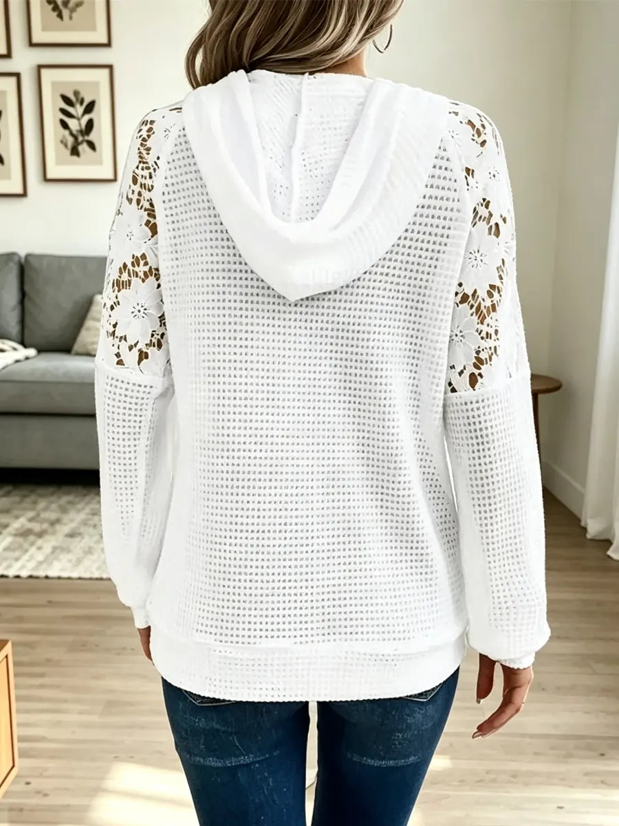 Retro Floral Lace Patchwork Art Casual Stylish Long Sleeve Hooded Shirt