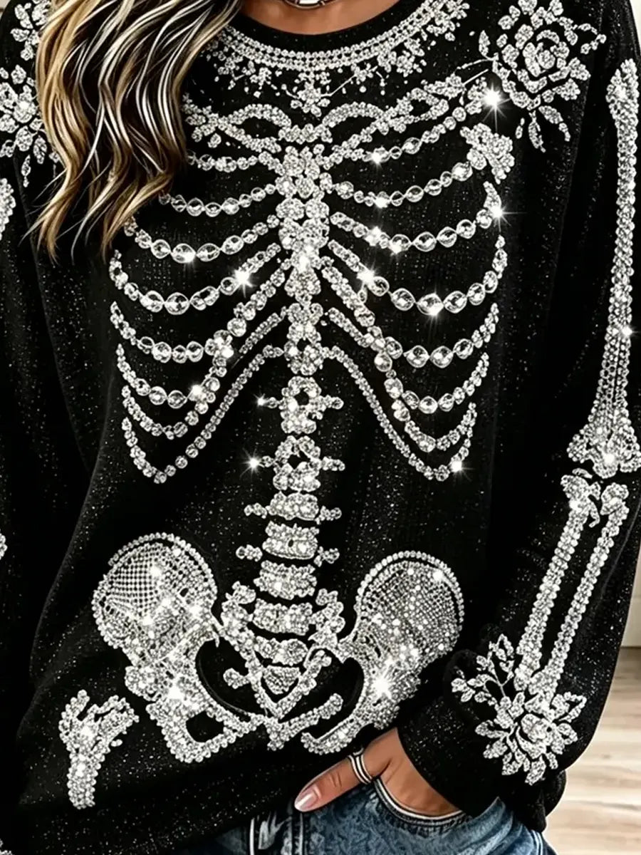 Retro Rhinestone Skeleton Pattern Art Casual Stylish Long Sleeve Top