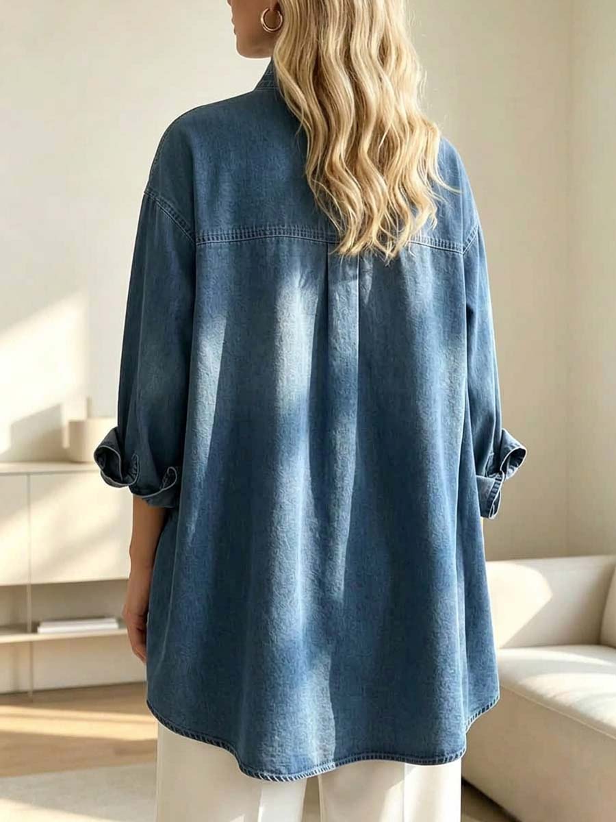 Retro Stand Collar Irregular Hem Stylish Art Casual Long Sleeve Denim Shirt