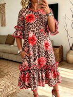 Women Leopard Floral Print Ruffle Bell Sleeve Midi Dress With Pockets