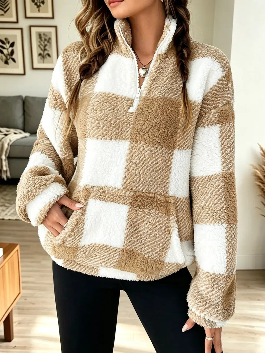 Retro Plaid Pattern Art Casual Stylish Long Sleeve Plush Top