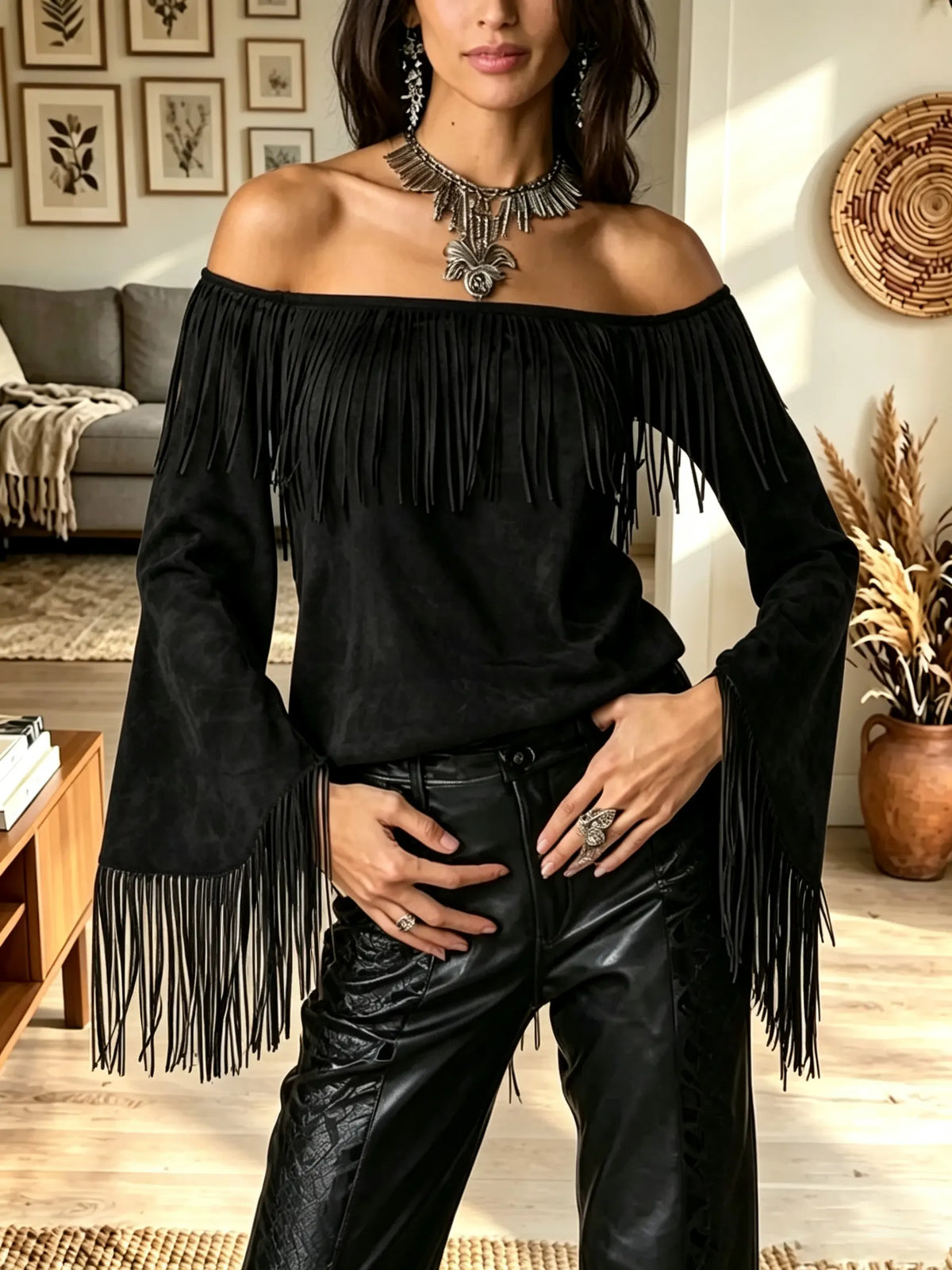 Women's Off-the-Shoulder Fringe Bell Sleeve Suede Top