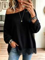Women Off‑Shoulder Lace Hem Loose Knit Sweate