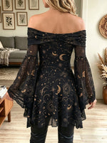 Women's Celestial Sun Moon Star Print Off Shoulder Lace Bell Sleeve Dress/Top