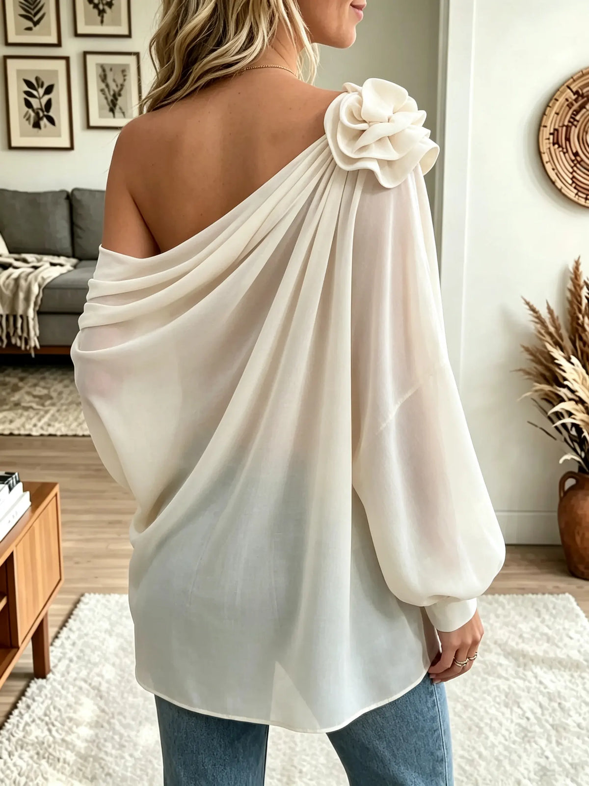 Women's 3D Floral One-Shoulder Draped Chiffon Blouse