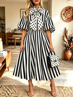 Women Striped Midi Dress Polka Dot Bow Collar Puff Sleeve High Waist A‑Line Party Dress