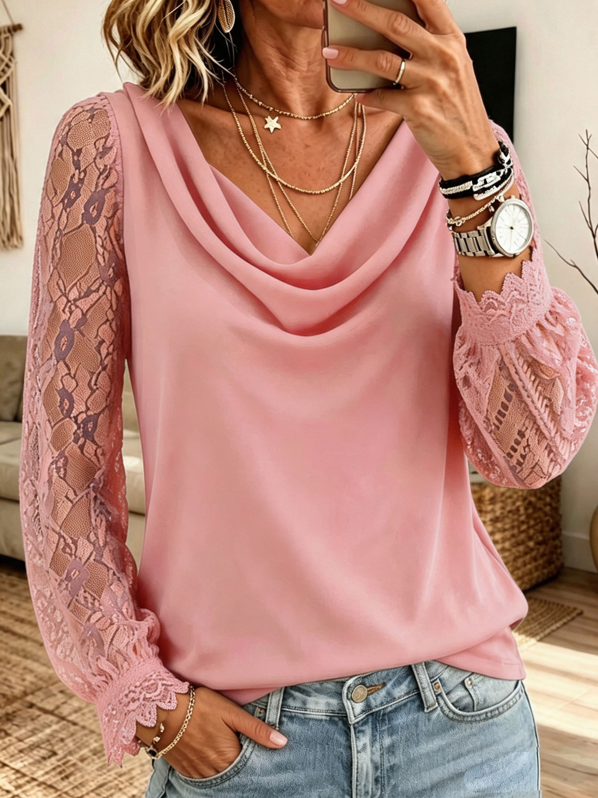 Mustard Velvet Ruffle V‑Neck Long Puff Sleeve Blouse