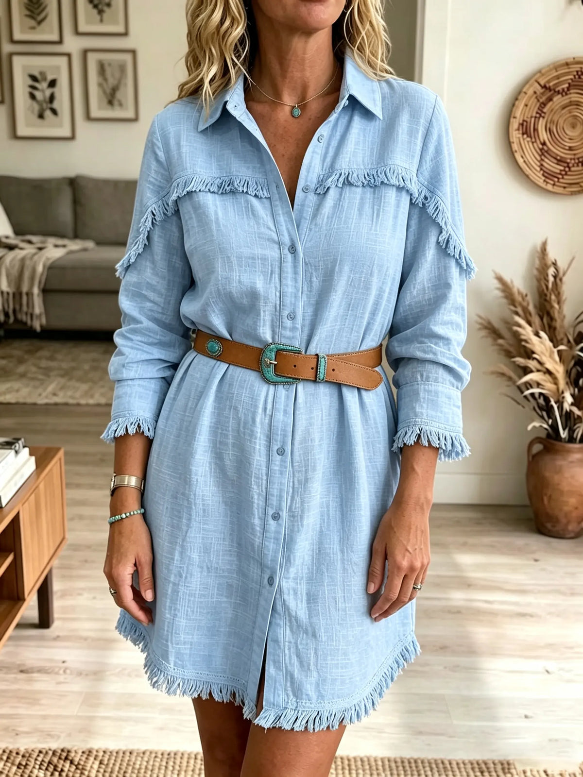 Women's Fringe Trim Linen-Blend Shirt Dress