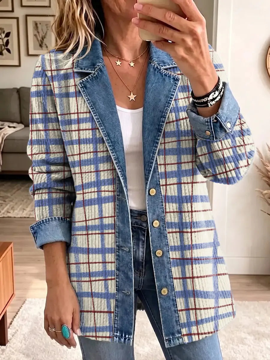 Retro Plaid Pattern Art Casual Denim Patchwork Stylish Long Sleeve Coat