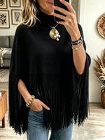 Women's Turtleneck Fringe Knit Poncho Sweater