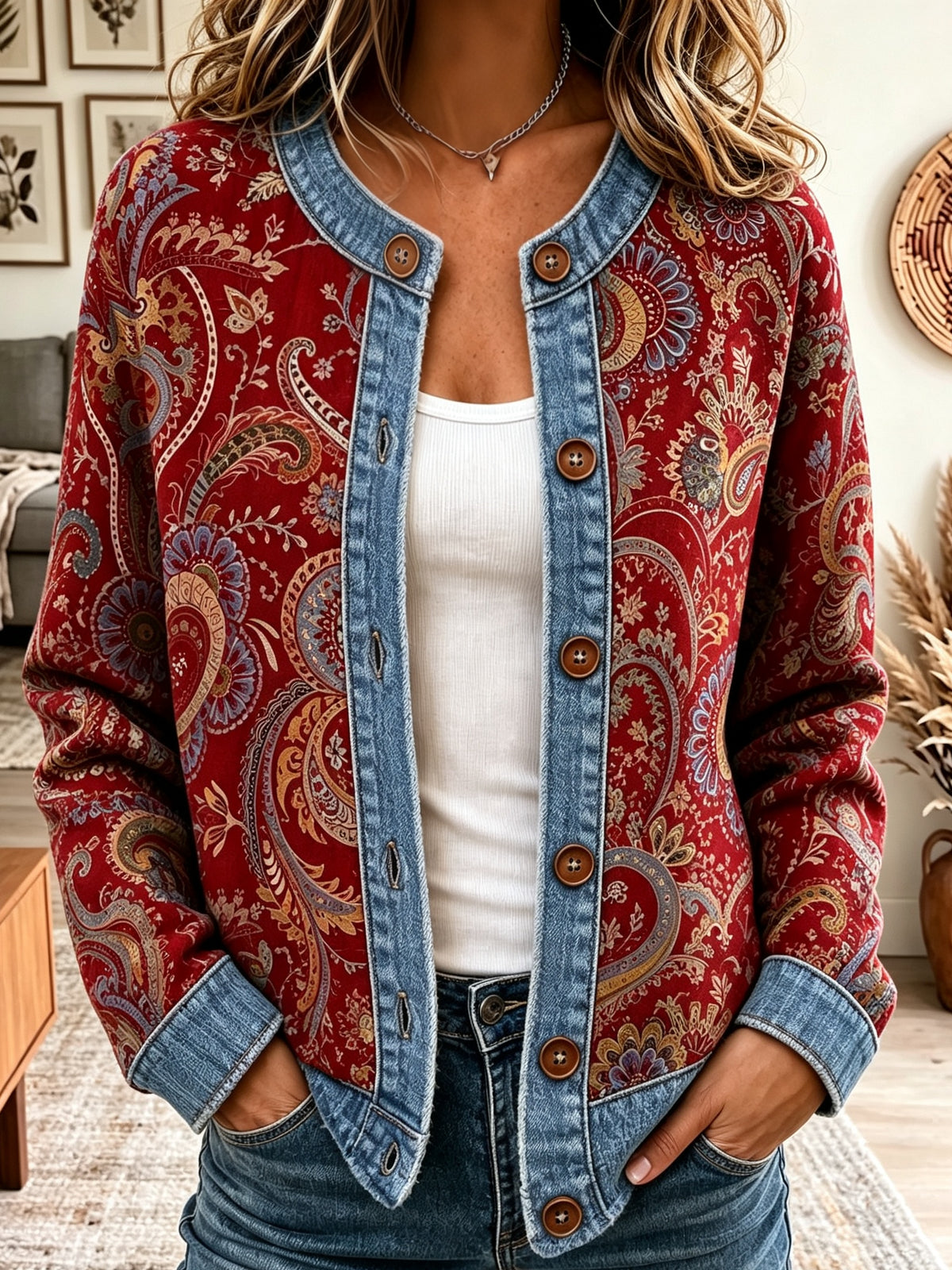 Women's Denim Trim Paisley Print Jacket