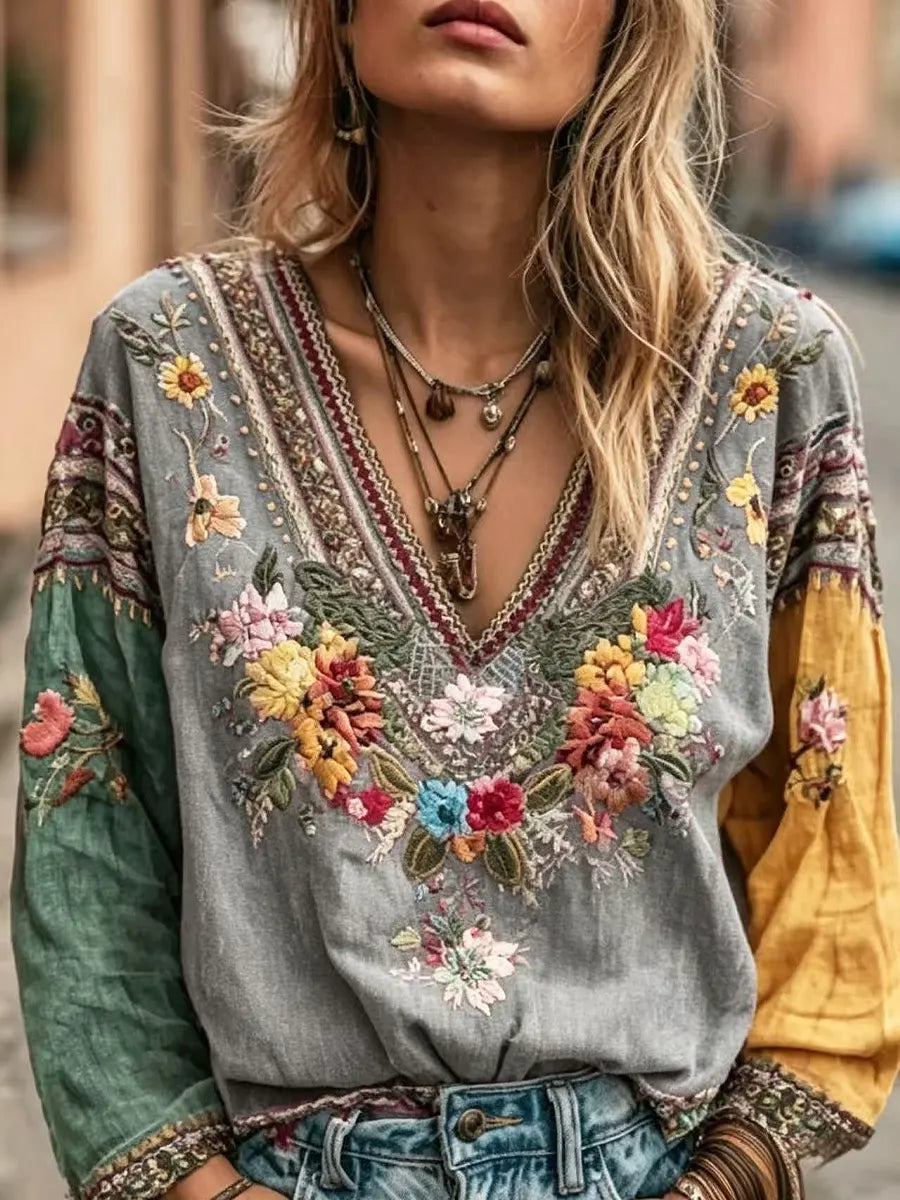 Retro Floral Embroidery Art Casual Stylish Long Sleeve Cotton Linen Shirt
