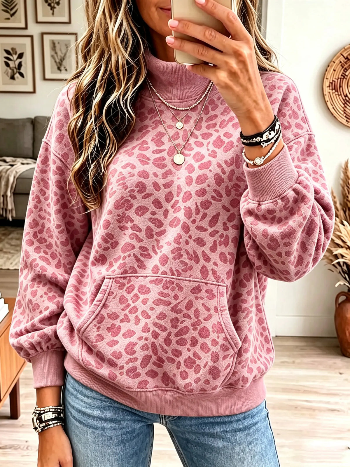 Women's Leopard Print Mock Neck Pullover Sweatshirt