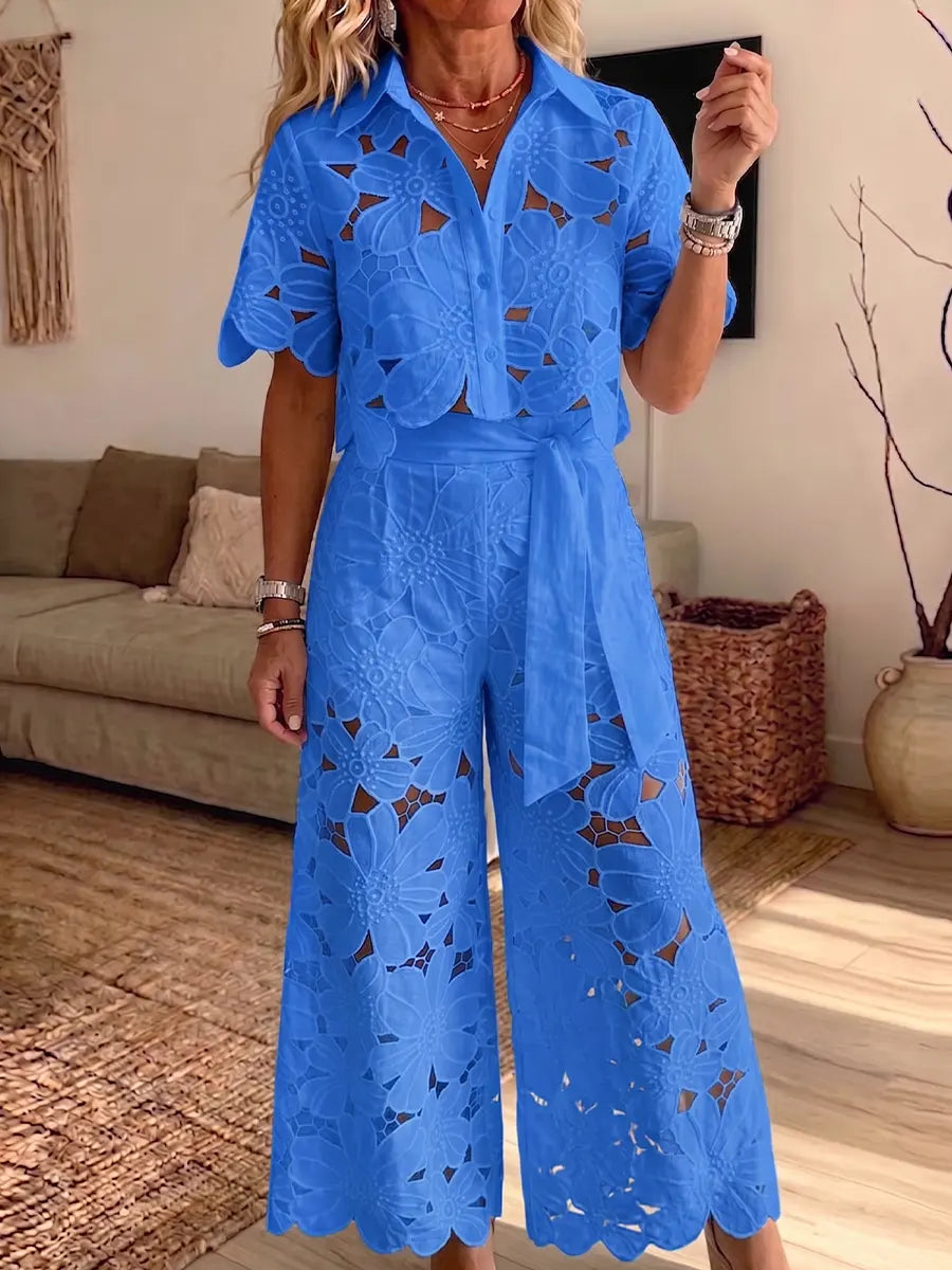 Vintage Elegant Floral Hollow-out Top And Wide-leg Pants Two-piece Set