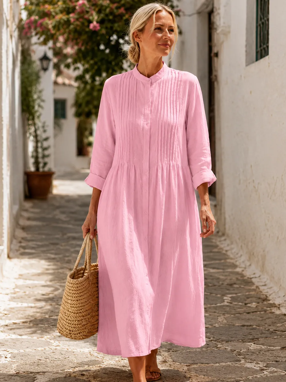 Women's Pleated Band Collar Shirt Dress