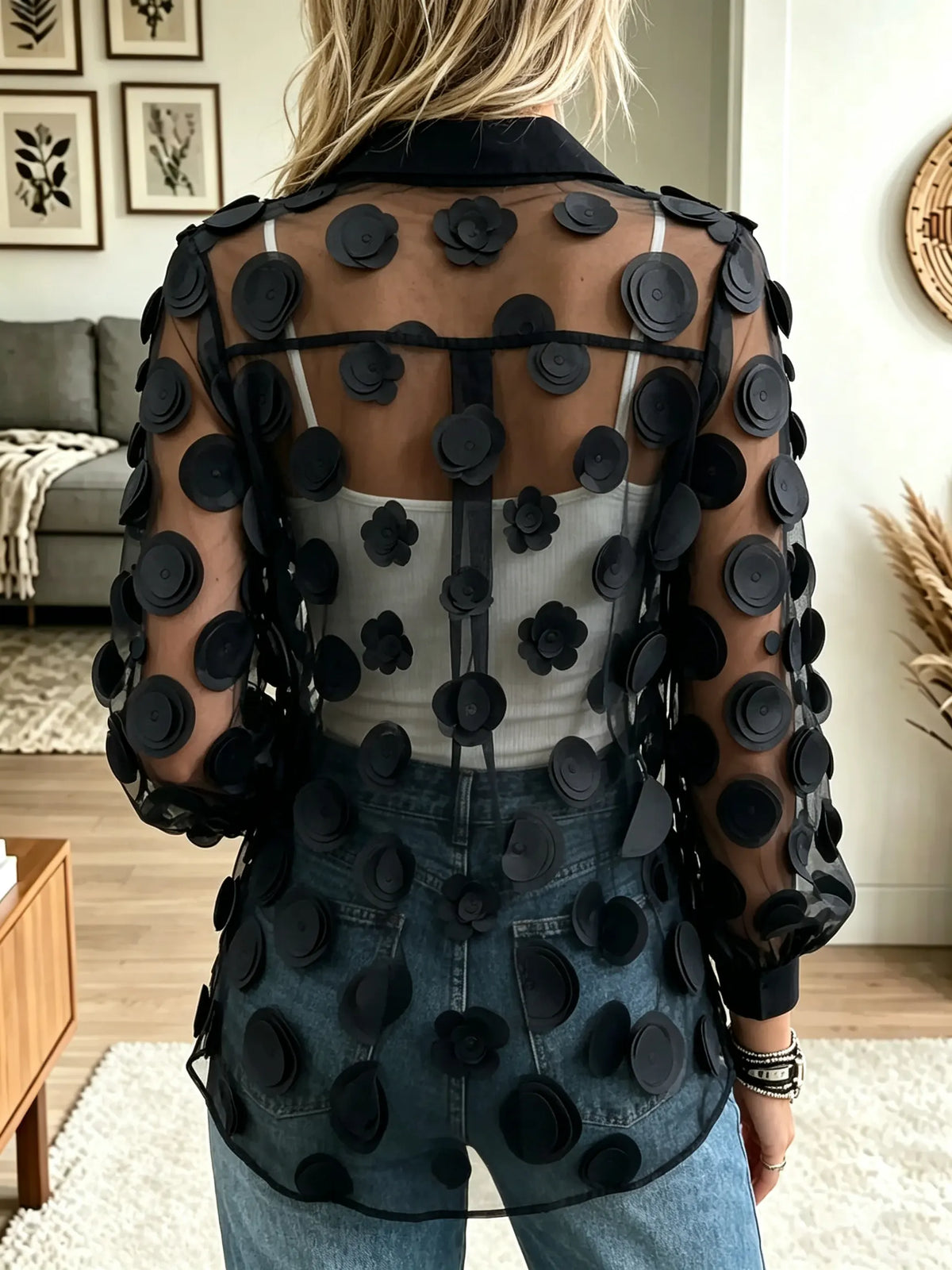 Women's 3D Polka Dot Sheer Button-Down Shirt