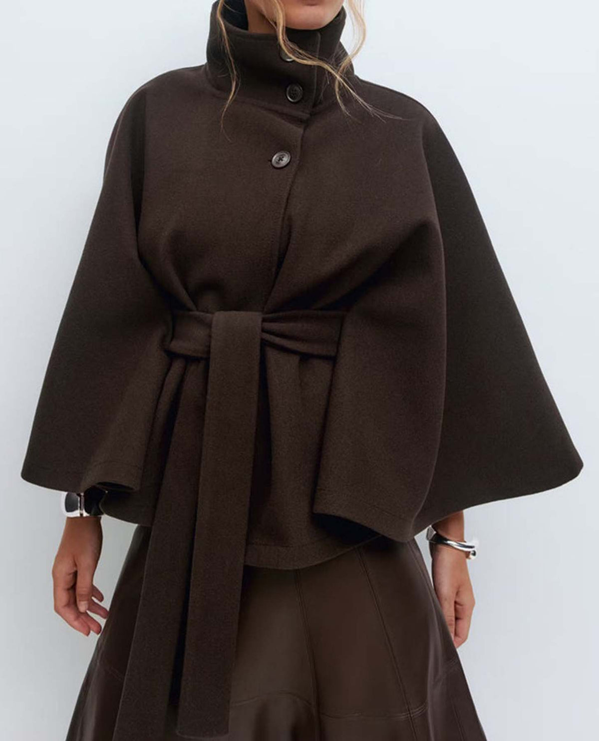 Cape Sleeve Belted Wool Blend Coat Stand Collar Button Wrap Jacket