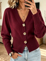 Women Decorative Gold Button Waist‑cinched Burgundy V‑neck Knit Cardigan Sweater